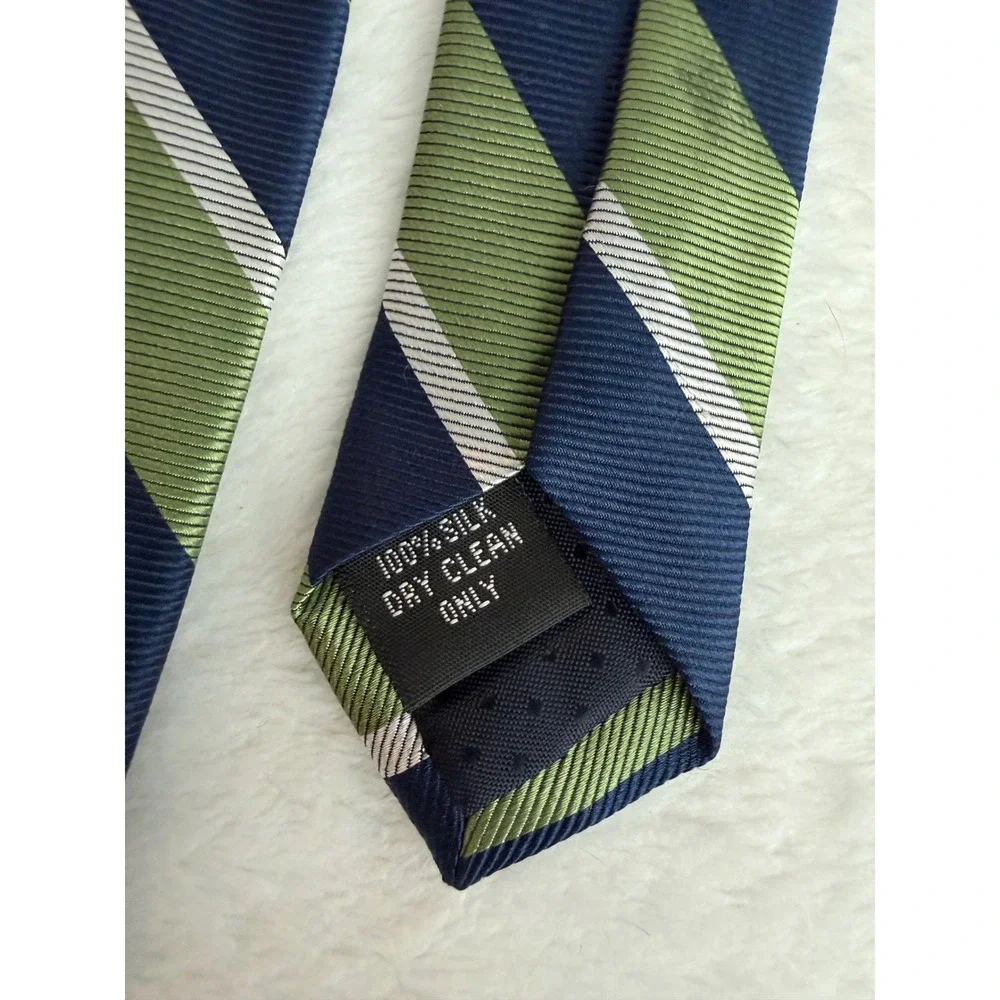 Tom James Executive Collection Silk Tie Navy Blue Olive Green Striped Mens
